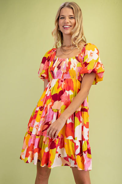 Printed Round Neck Mini Dress - Pink mix