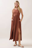 Solid Sleeveless Midi Dress with Front Slit - VD40755