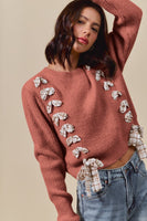 Checkered Plaid Tape Lace Up Sweater Top