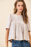 CT9659-Pleated Detail Round Neck Short Metallic Top