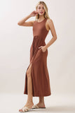 Solid Sleeveless Midi Dress with Front Slit - VD40755