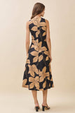 CD06079-Bold Floral Print High Crew Neck Midi Dress