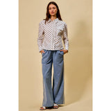 LACE TRIM ELASTIC WAIST MID RISE WIDE DENIM PANTS