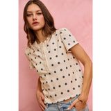 POLK-A-DOT KNIT LACE TRIM ON NECKLINE SHORT TOP
