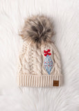 Beige Cable Knit Pom Hat w/ Embroidered Ornament