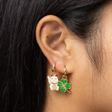 Hoop Earrings - Lucky Cat & Clover - Gold Shamrock