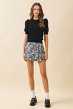CT9483-Edge Ribbed Trims Puffed Sleeves Knit Top