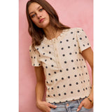 POLK-A-DOT KNIT LACE TRIM ON NECKLINE SHORT TOP