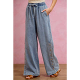 SIDE BUTTONS PULL ON WIDE LEG DENIM JEANS PANTS