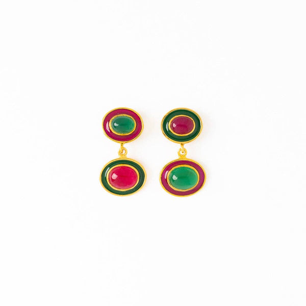 Betty Semi-Precious Mixed Stone And Enamel Drop Earrings Magenta + Green Wholesale