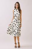 CD06774-Polka Dot Mock Neck Self Tie Waist Midi Dress