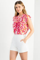 Printed Smocked Detail Flutter Sleeve Top
