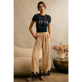 LINEN BLEND LACE TRIM BANDING WAIST PANTS