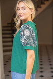 36723 Floral Embroidered Lace Puff Sleeve Solid Textured Top