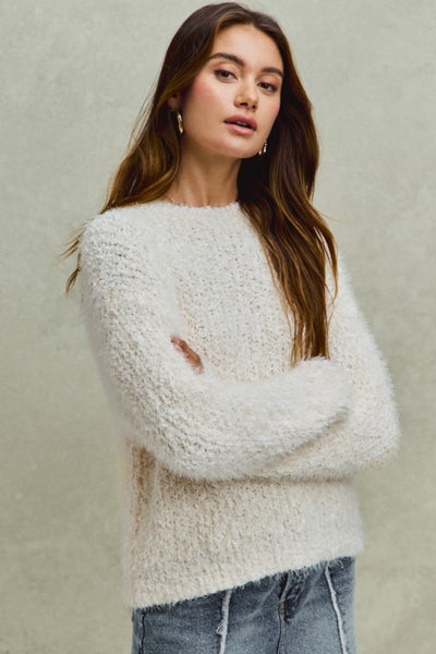 Fuzzy Plush Dimensional Crew Neck Sweater Knit Top