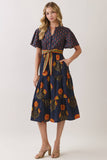 CD07350-Floral Print Tiered Midi Dress with Waist Tie