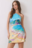 CD07191-Coastal Scenic Print Halter Mini Dress