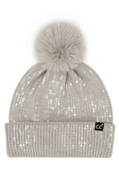 C.C All Over Clear Sequin Pom Beanie: Light Taupe