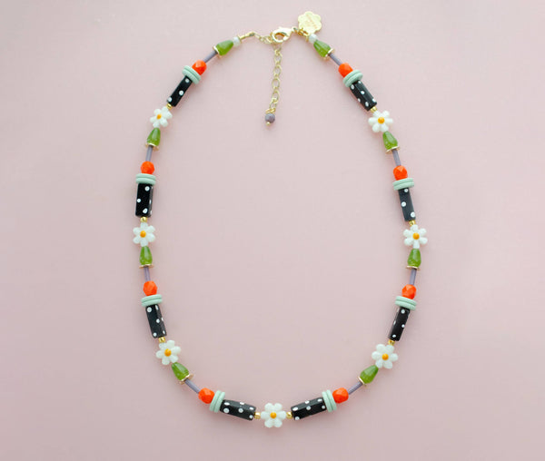 Black and white polka dot flower necklace