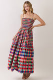 CD07440-Smocked Bodice Plaid Tiered Maxi Dress