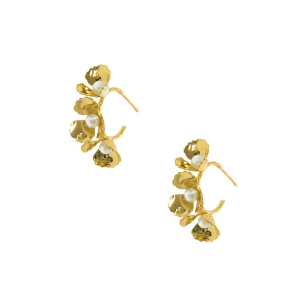 Gold Pearl Floral Hoop Earring