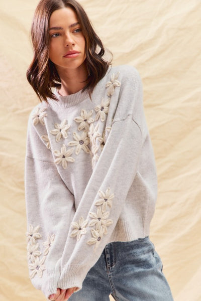 Flower Embroidered Sweater Pull Over Top