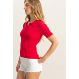 Rib Knitted Short Sleeve Polo Top