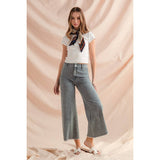 WASHED STRIPE DENIM FRAYED HEM PANTS