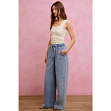 SIDE BUTTONS PULL ON WIDE LEG DENIM JEANS PANTS