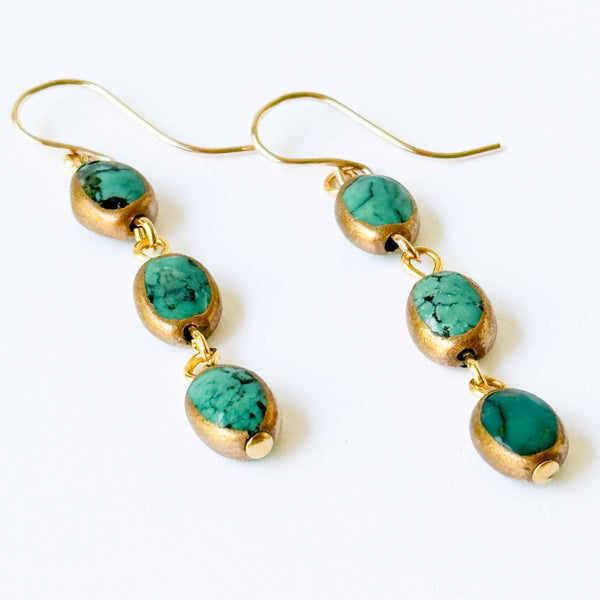 Long Authentic Turquoise dipped in gold dangly earrings