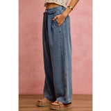 MID RISE RUFFLED FRONT ELASTIC WIDE LEG DENIM PANT