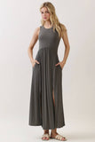 Solid Sleeveless Midi Dress with Front Slit - VD40755