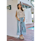 MID RISE DENIM FRAYED ROLL UP HEM WIDE LEG JEANS