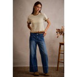 MID RISE FLARE PIN TUCK  BOTTOM DENIM JEANS WITH FRONT PATCH