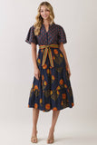 CD07350-Floral Print Tiered Midi Dress with Waist Tie