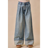 MID RISE PLATED WID LEG DENIM JEAN PANTS