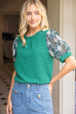 36723 Floral Embroidered Lace Puff Sleeve Solid Textured Top