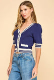 CW2568-Short Sleeve Scalloped Neckline Knit Cardigan