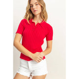 Rib Knitted Short Sleeve Polo Top