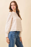 CT9536-Lace High Neck Back Keyhole Puff Sleeves Blouse