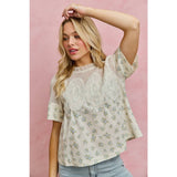 FLORAL PRINT LACE TRIM COTTON BLOUSE TOP