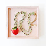 Kids Strawberry Charm Necklace with Green Beads