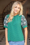 36723 Floral Embroidered Lace Puff Sleeve Solid Textured Top