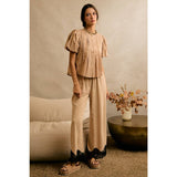 LINEN BLEND LACE TRIM BANDING WAIST PANTS