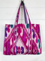 Cotton Quilted Block Print Tote Bag - Purple Ikat Tie Dye