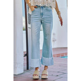 MID RISE DENIM FRAYED ROLL UP HEM WIDE LEG JEANS