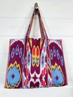 Cotton Quilted Block Print Tote Bag - Plum Ikat Tie Dye