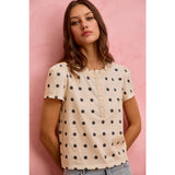 POLK-A-DOT KNIT LACE TRIM ON NECKLINE SHORT TOP