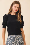 CT9483-Edge Ribbed Trims Puffed Sleeves Knit Top