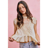 SATIN MOCK NECK LACE TRIM PEPLUM BLOUSE TOP